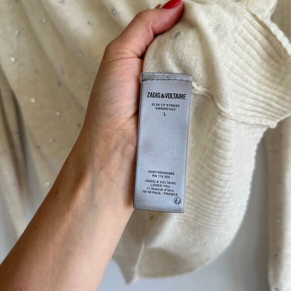 Zadig & Voltaire Elya Strass Embellished Cashmere Pullover Sweater Cream L NWT - Picture 7 of 10
